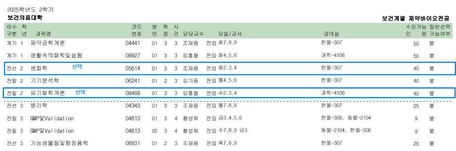 2025학년도 2학기 보건계열 식품영양학전공 2학년 전공과목 수강신청 안내 5